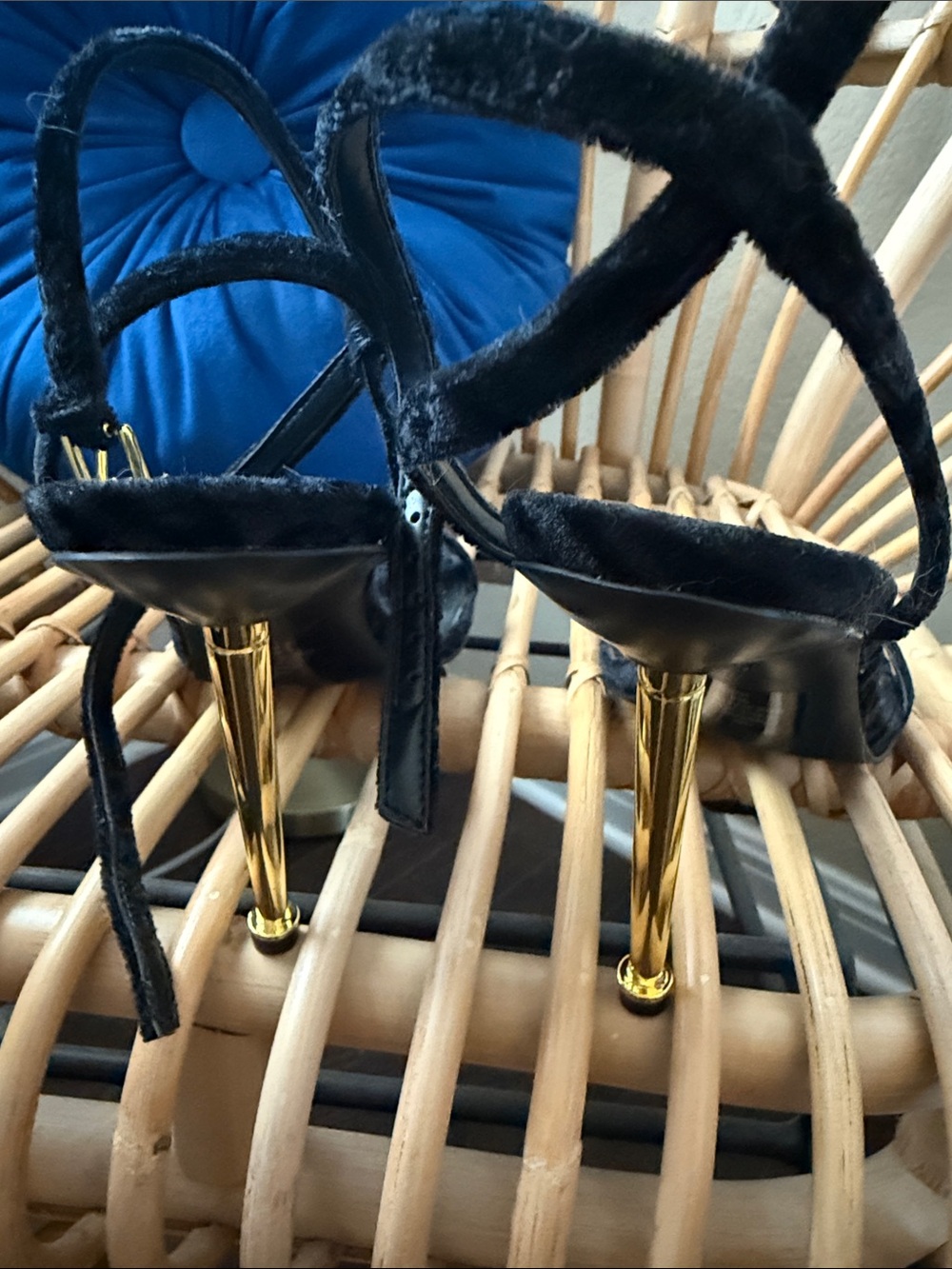 Nine West Black Velvet Strappy Heels with Gold Stiletto - Picture 3 of 5